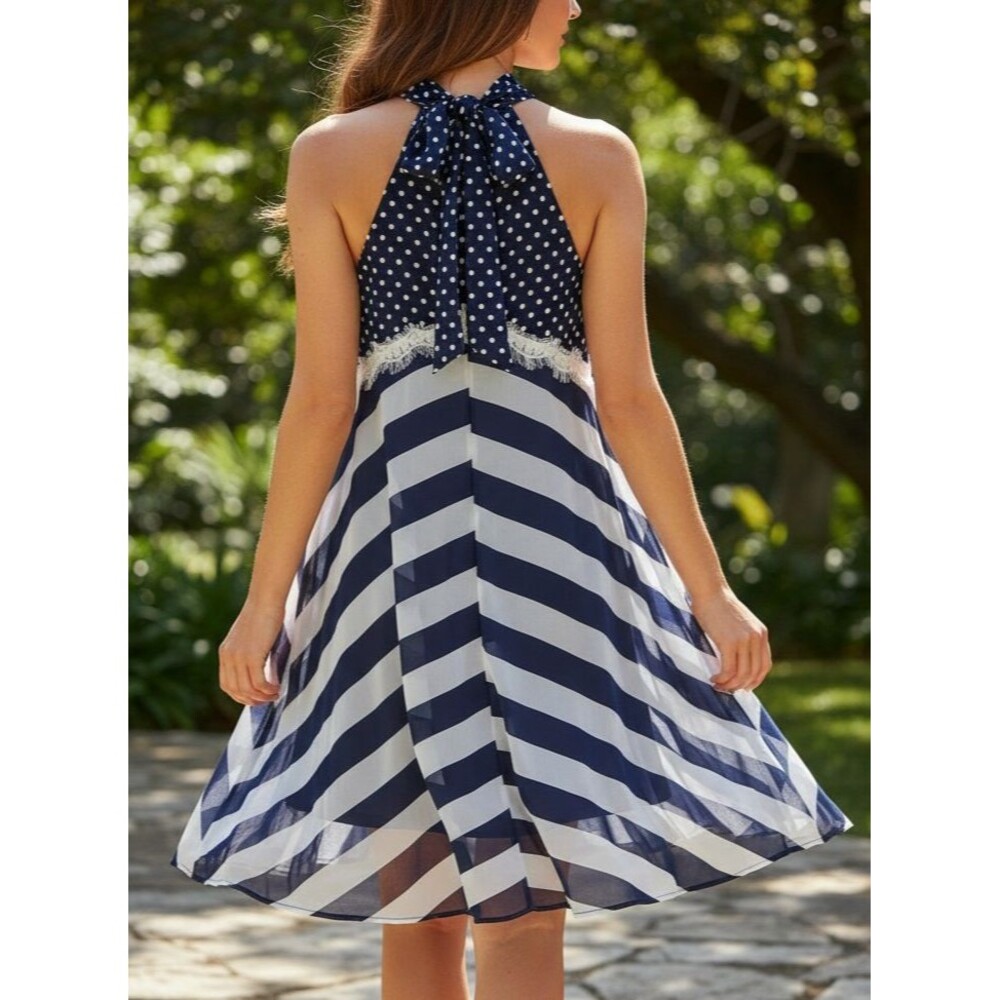 DESIGNER RYU BLUE/WHITE POLKA DOT /STRIPED LACE TRIM TIE NECK KNEE LENGTH DRESS